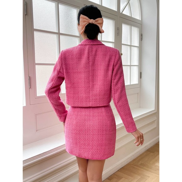 2 piece set: cropped Tweed Blazer jacket & Split Hem mini skirt hot pink barbie - Picture 2 of 8